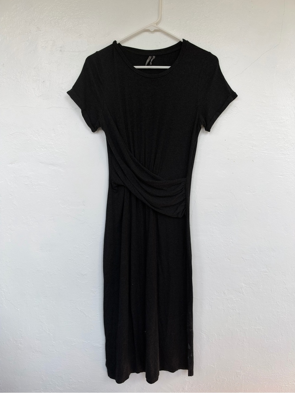 Anthropologie Black Short-Sleeve Draped Waist Midi Dress